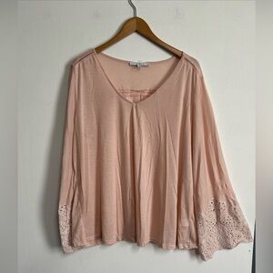 Fever Women’s 2X Pink V‎ Neck Top Stretch Embroidered Bell Sleeve Cutout Boho